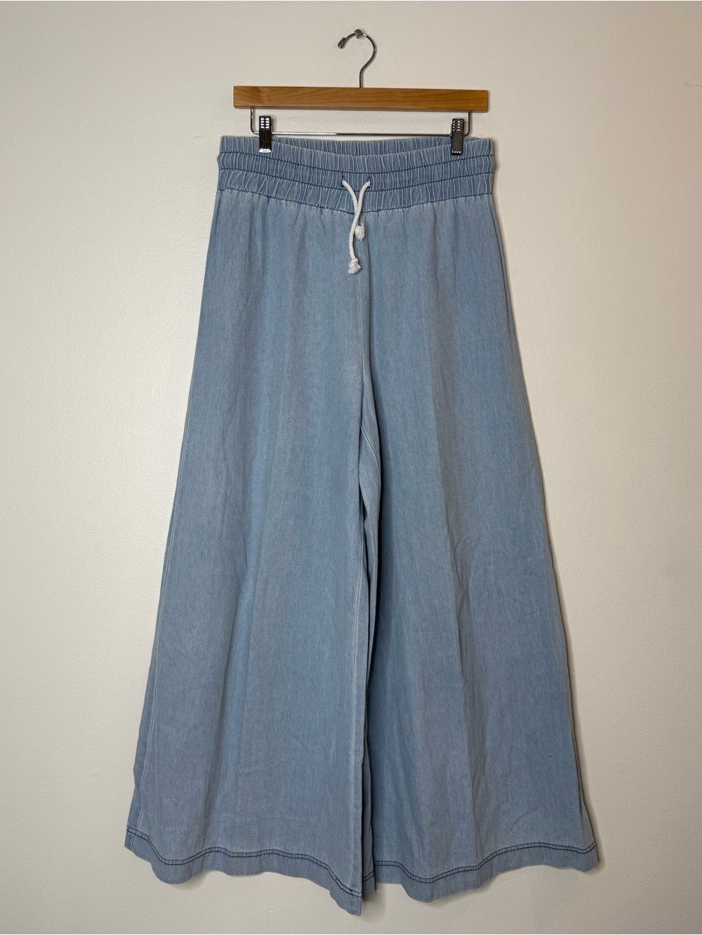 Maronie 100% Cotton Light Blue Wide-Leg Drawstring Pants-Size L